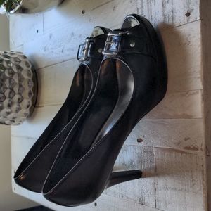 Alfani black leather 3 inch heels 1/2 inch platform silver buckle peekaboo toe 8